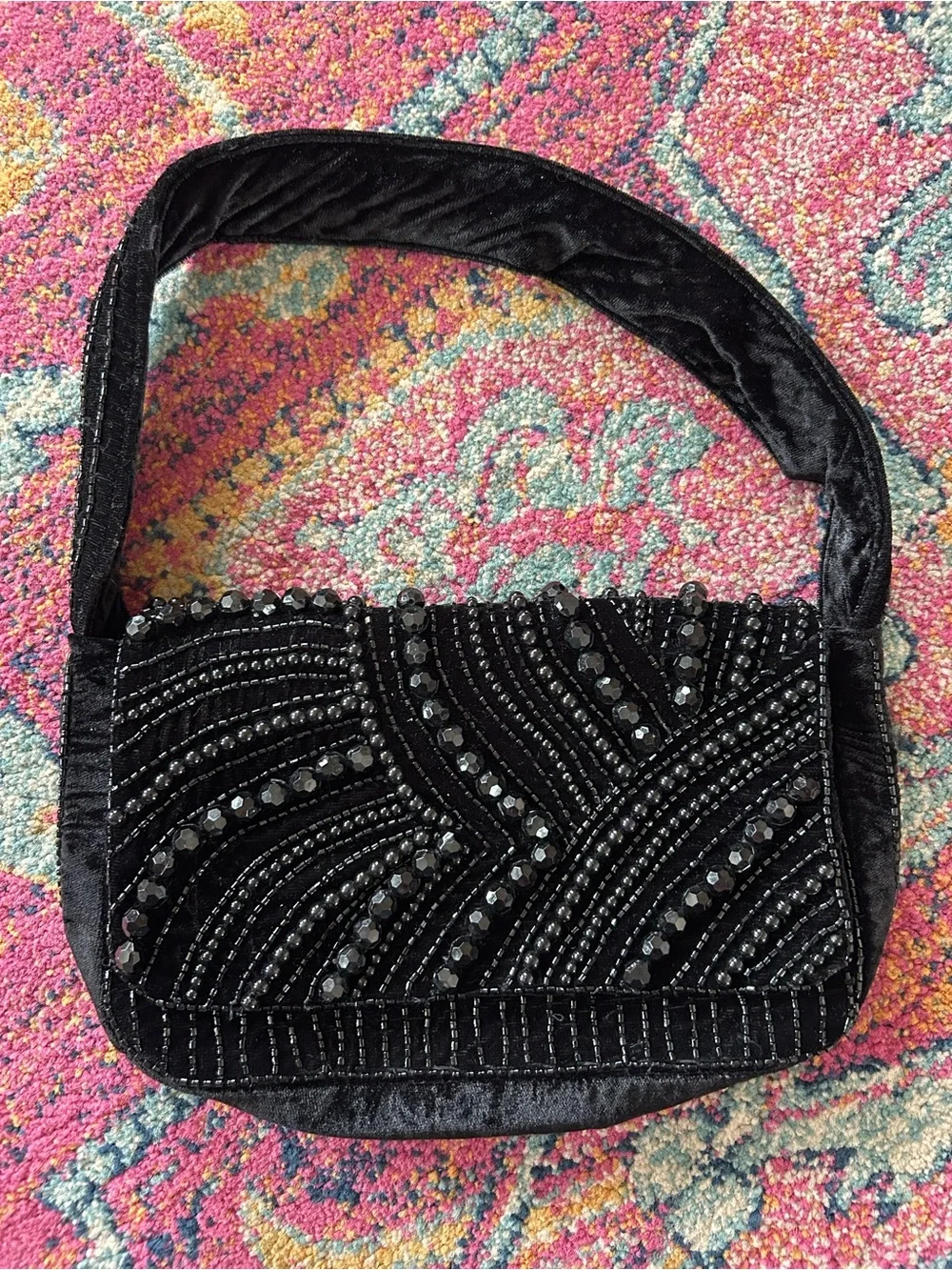 a new day | Women’s Black Beaded Velvet Front Snap Flap Shoulder Bag OS